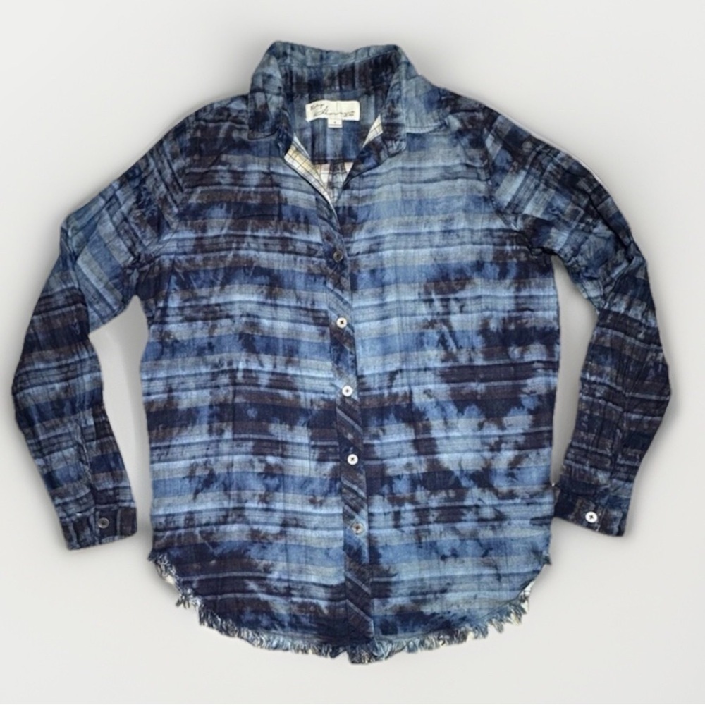 Vintage Havana Women’s Size S Blue Denim Tie Dye Raw Hem Plaid Button Boho Shirt